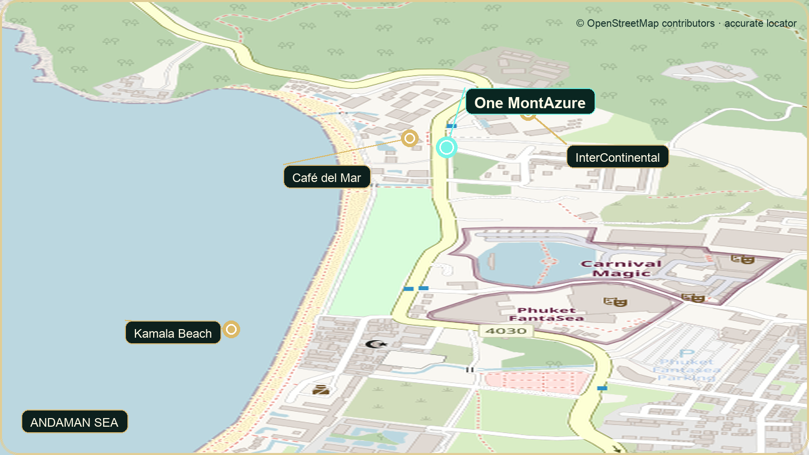 Accurate locator map showing One MontAzure near Café del Mar, InterContinental Phuket Resort and Kamala Beach